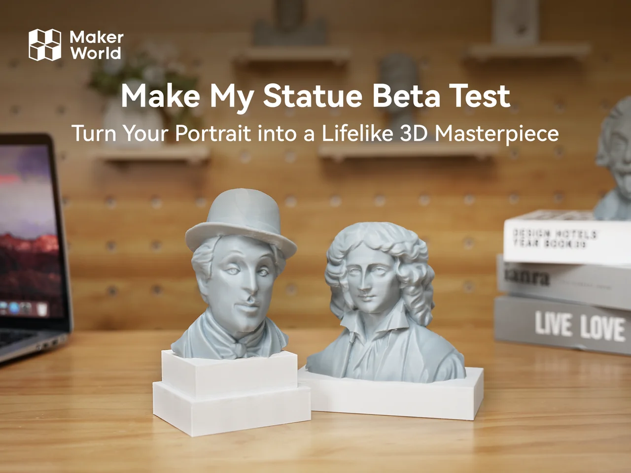 Two 3D prints of what appears to be statues of Charlie Chaplin and Isaac Newton.